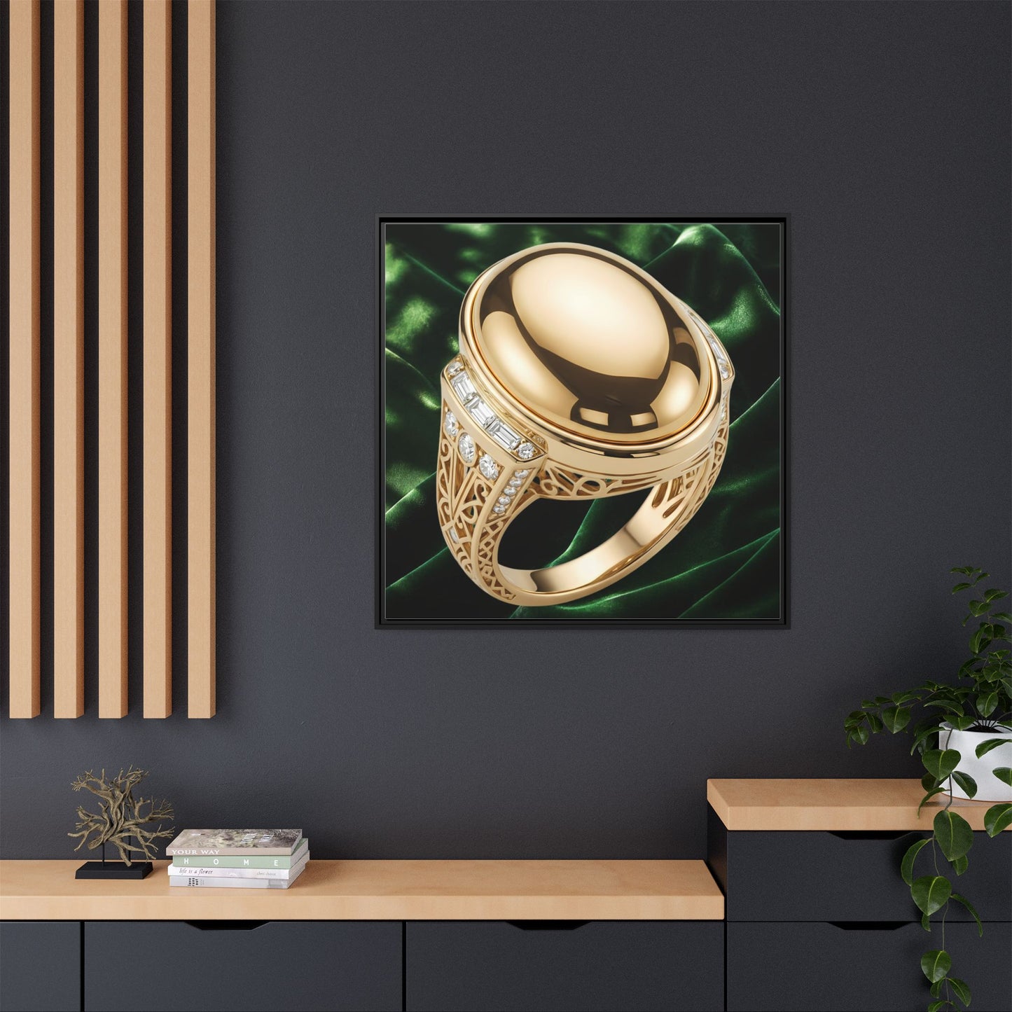 Gold Cabochon Openwork Ring Framed Canvas