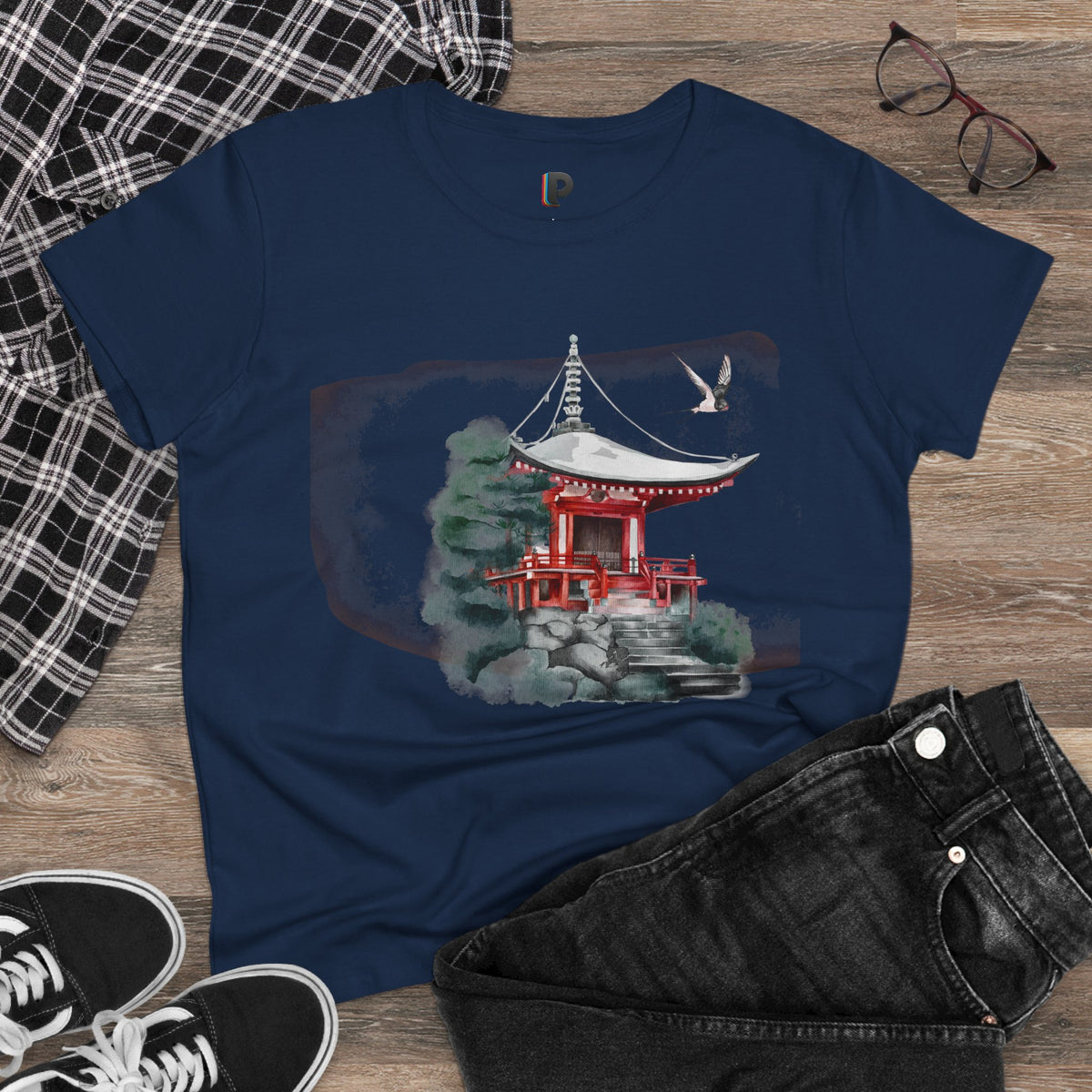 Watercolor Red Pagoda Front Print Women’s Tee