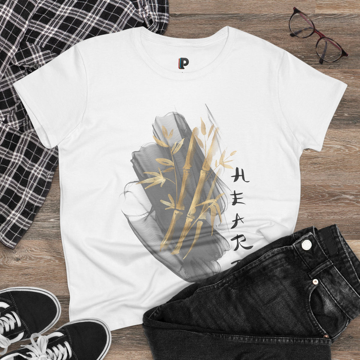 Golden Bamboo Ink Brush Front Print Women’s Tee