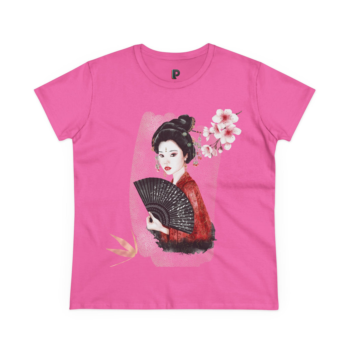 Japanese Woman & Folding Fan Cherry Blossom Front Print Women’s Tee