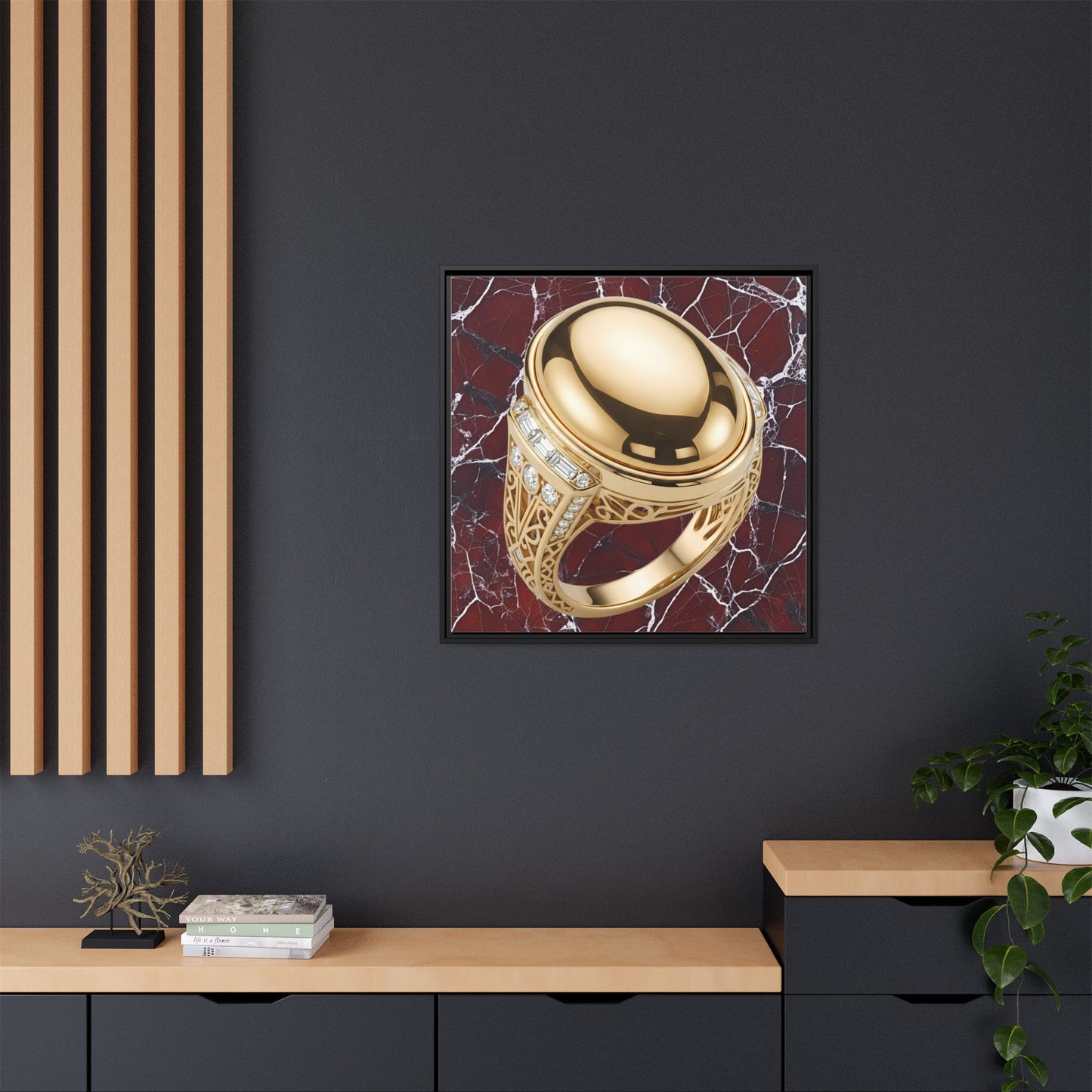 Golden Signet on Crimson Marble Canvas