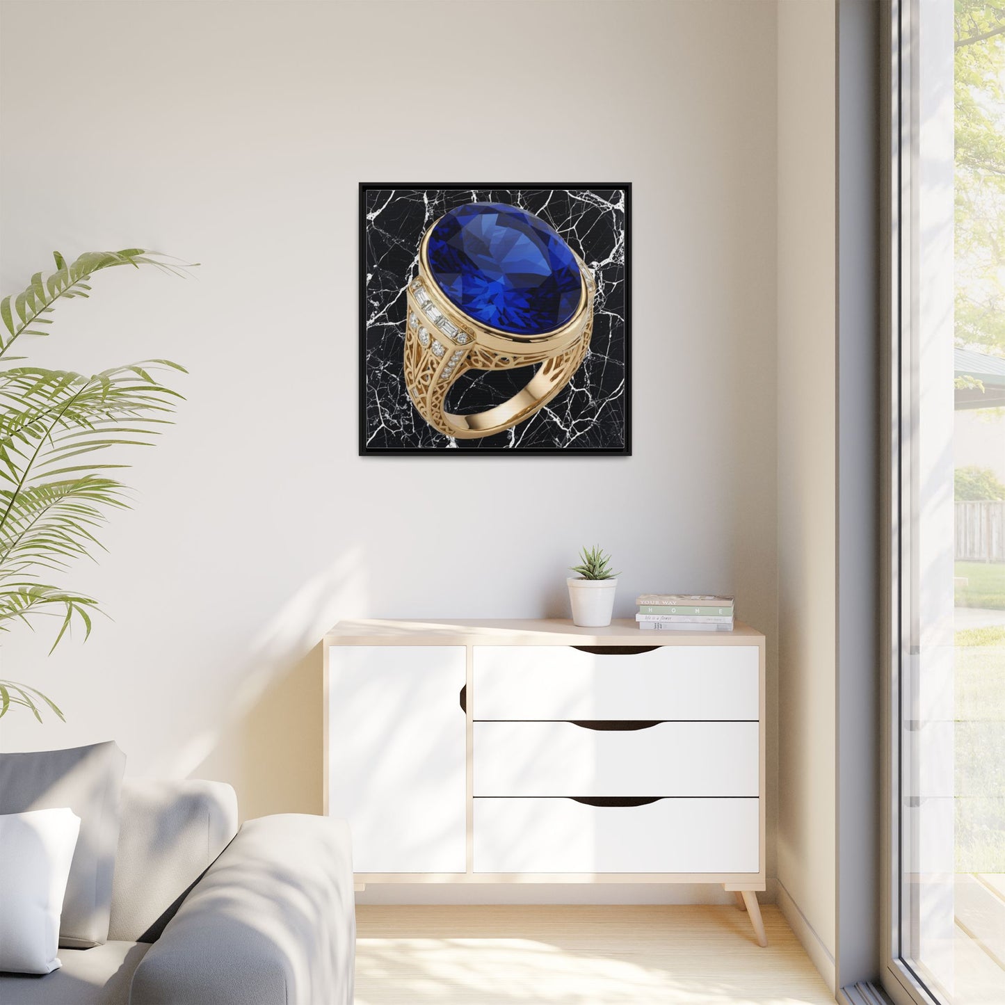 Sapphire Ring Against Veined Marble Framed Canvas