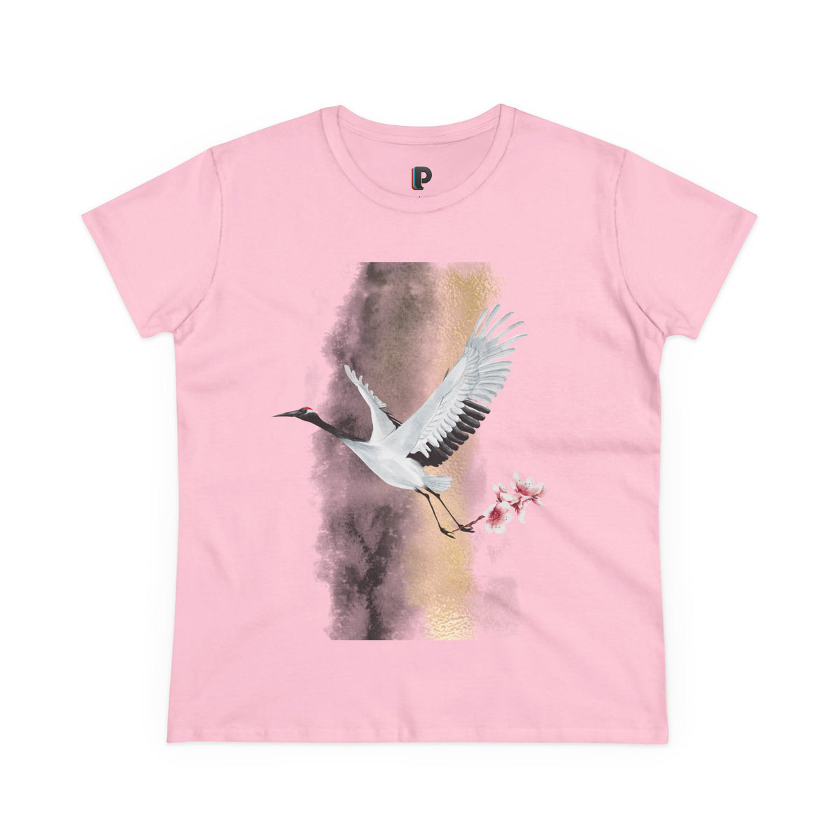 Red-Crowned Crane & Cherry Blossom Ink Wash Front Print Women’s Tee