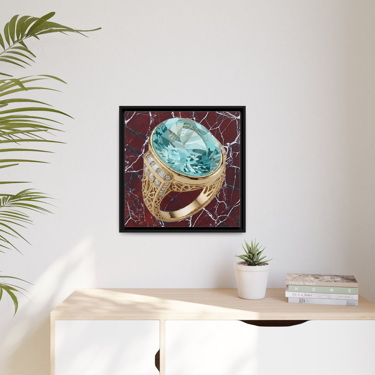 Aquamarine Ring on Fractured Marble Framed Canvas