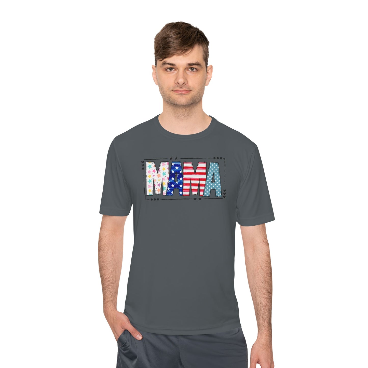 MAMA Patriotic Graphic Tee — USA Flag & Stars Moisture-Wicking Shirt