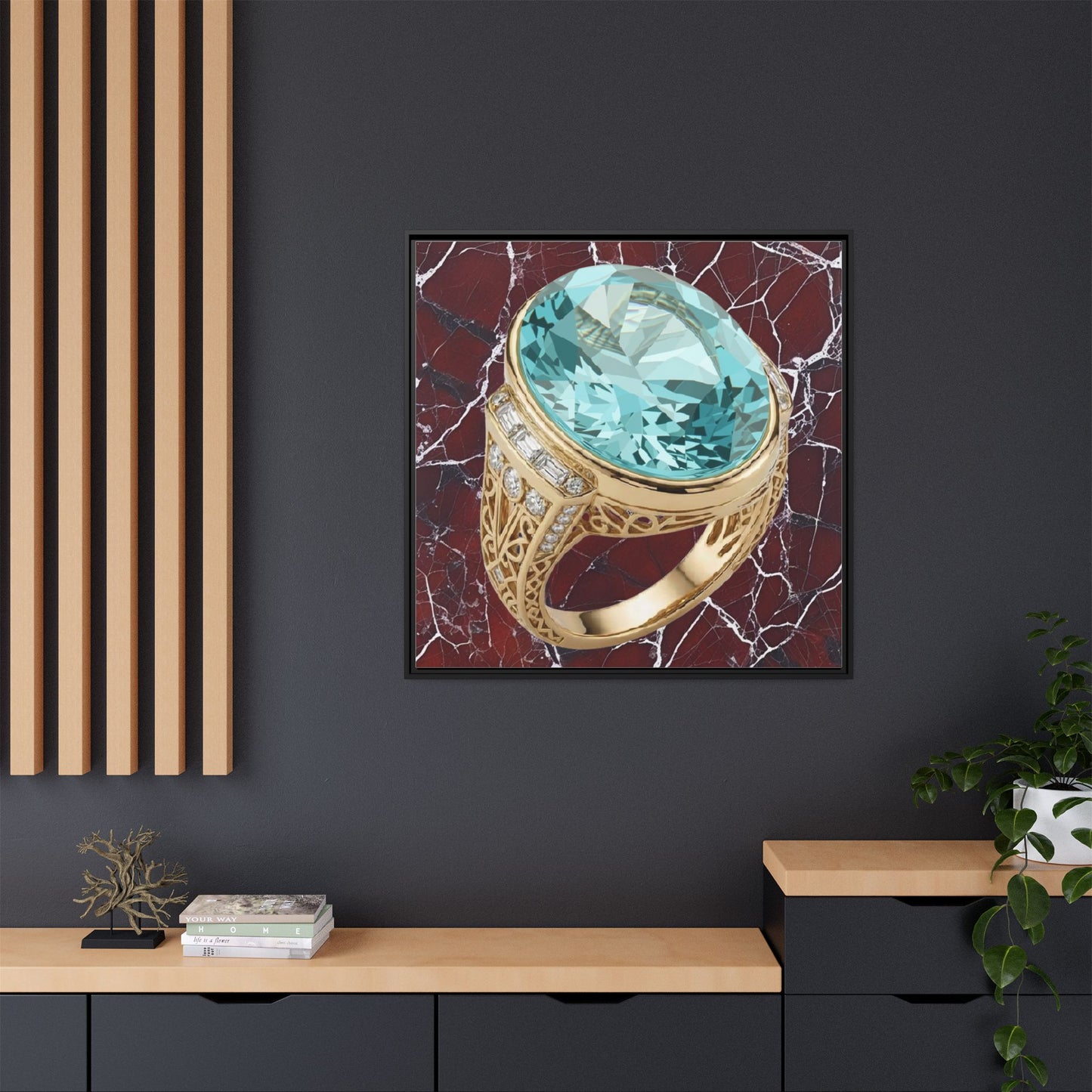 Aquamarine Ring on Fractured Marble Framed Canvas