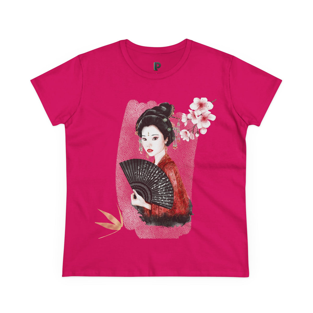 Japanese Woman & Folding Fan Cherry Blossom Front Print Women’s Tee