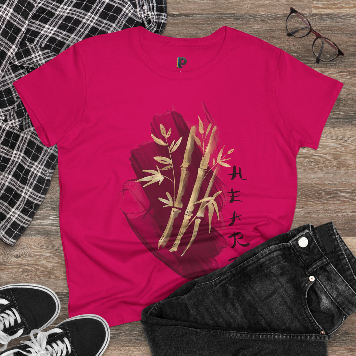Golden Bamboo Ink Brush Front Print Women’s Tee