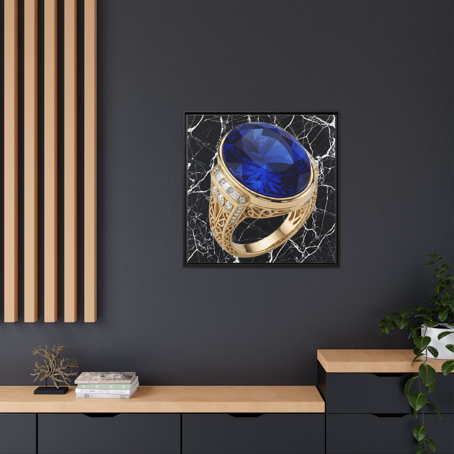 Sapphire Ring Against Veined Marble Framed Canvas
