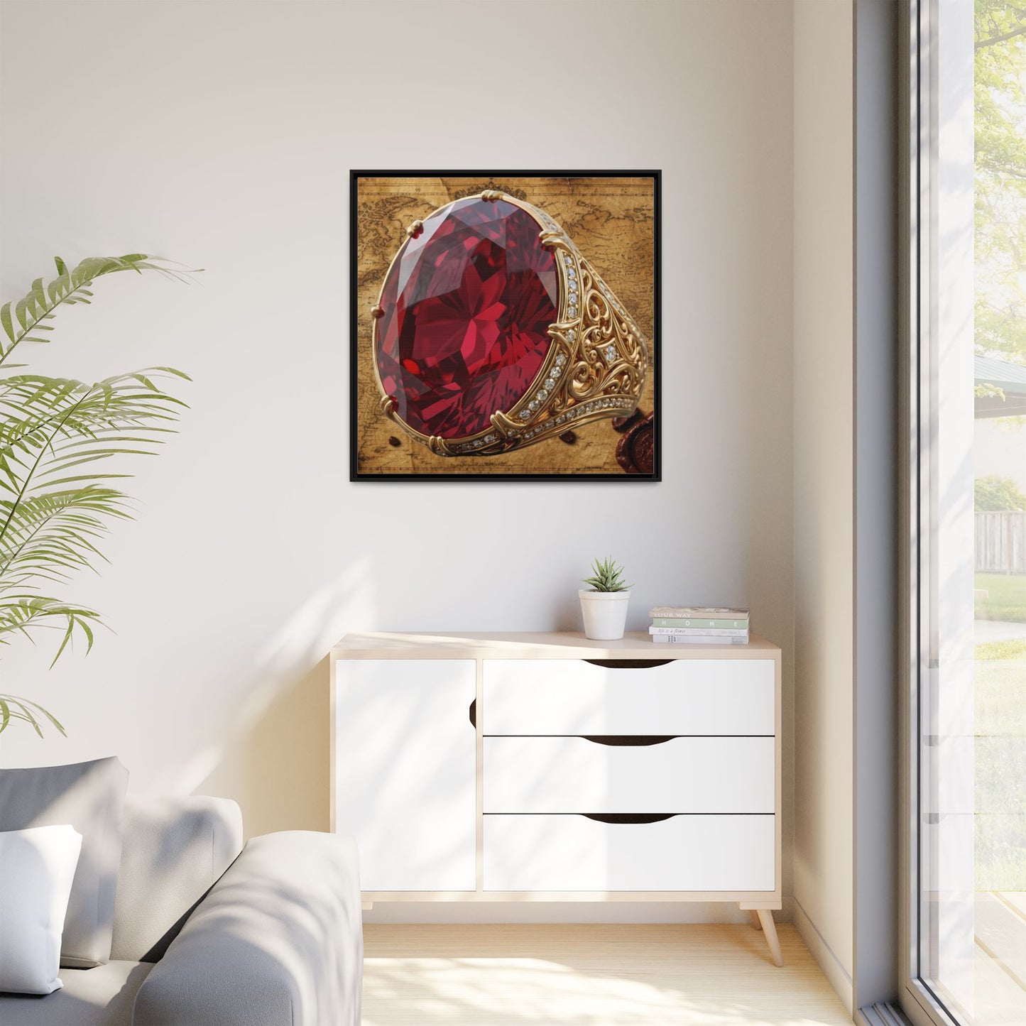 Oval Ruby Filigree on Antique Atlas Framed Canvas