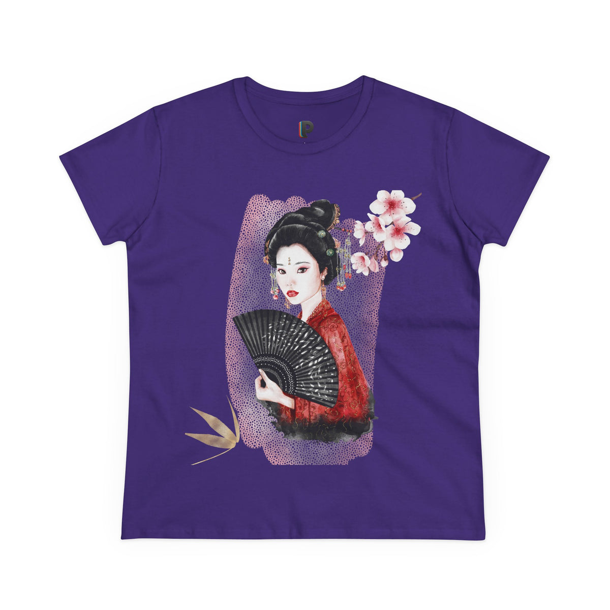 Japanese Woman & Folding Fan Cherry Blossom Front Print Women’s Tee