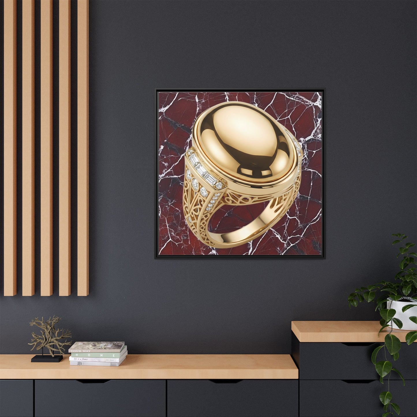 Golden Signet on Crimson Marble Canvas
