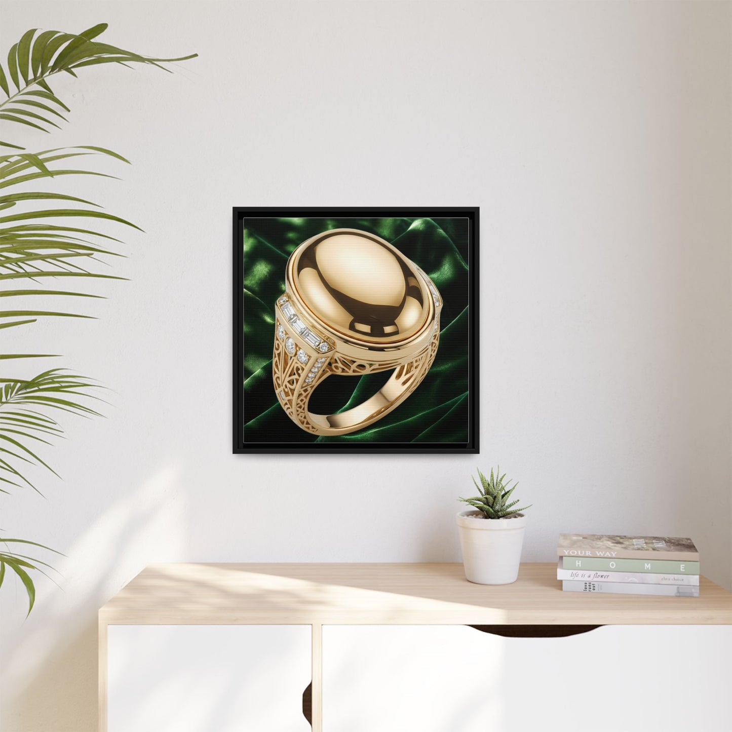 Gold Cabochon Openwork Ring Framed Canvas