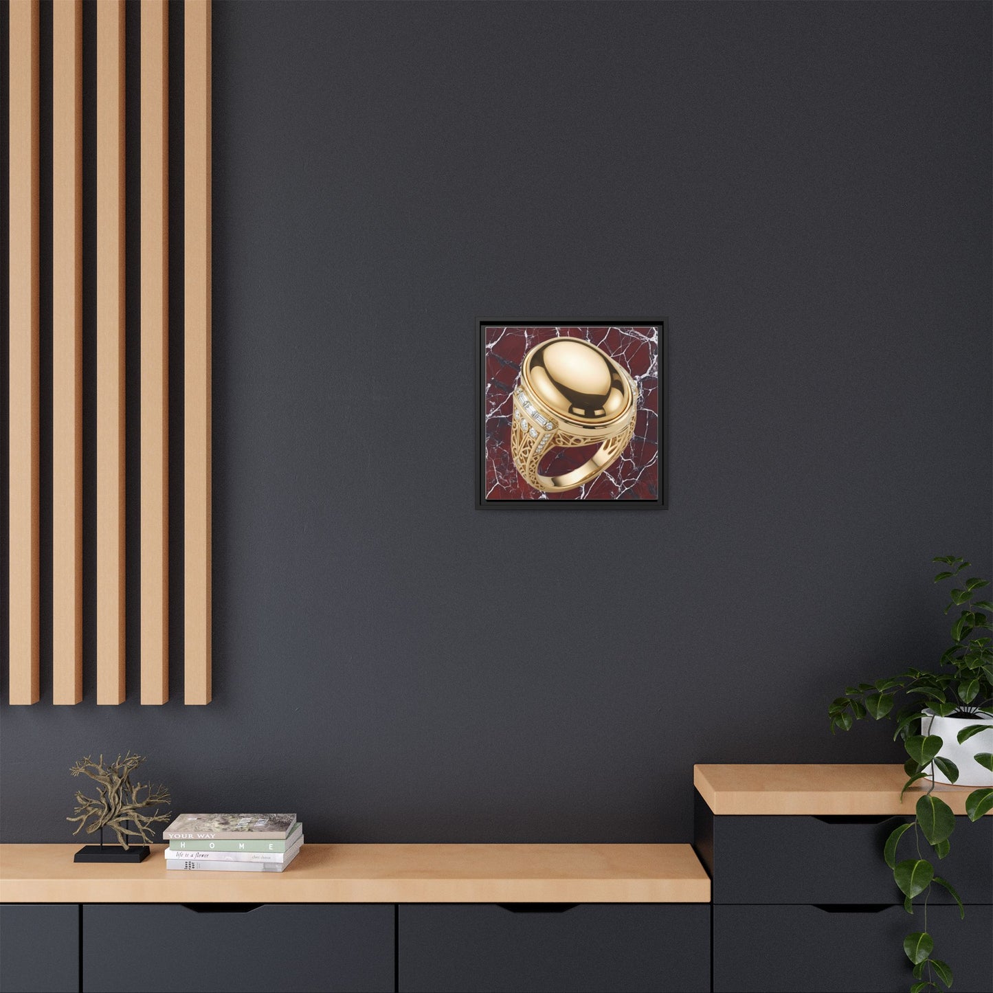 Golden Signet on Crimson Marble Canvas