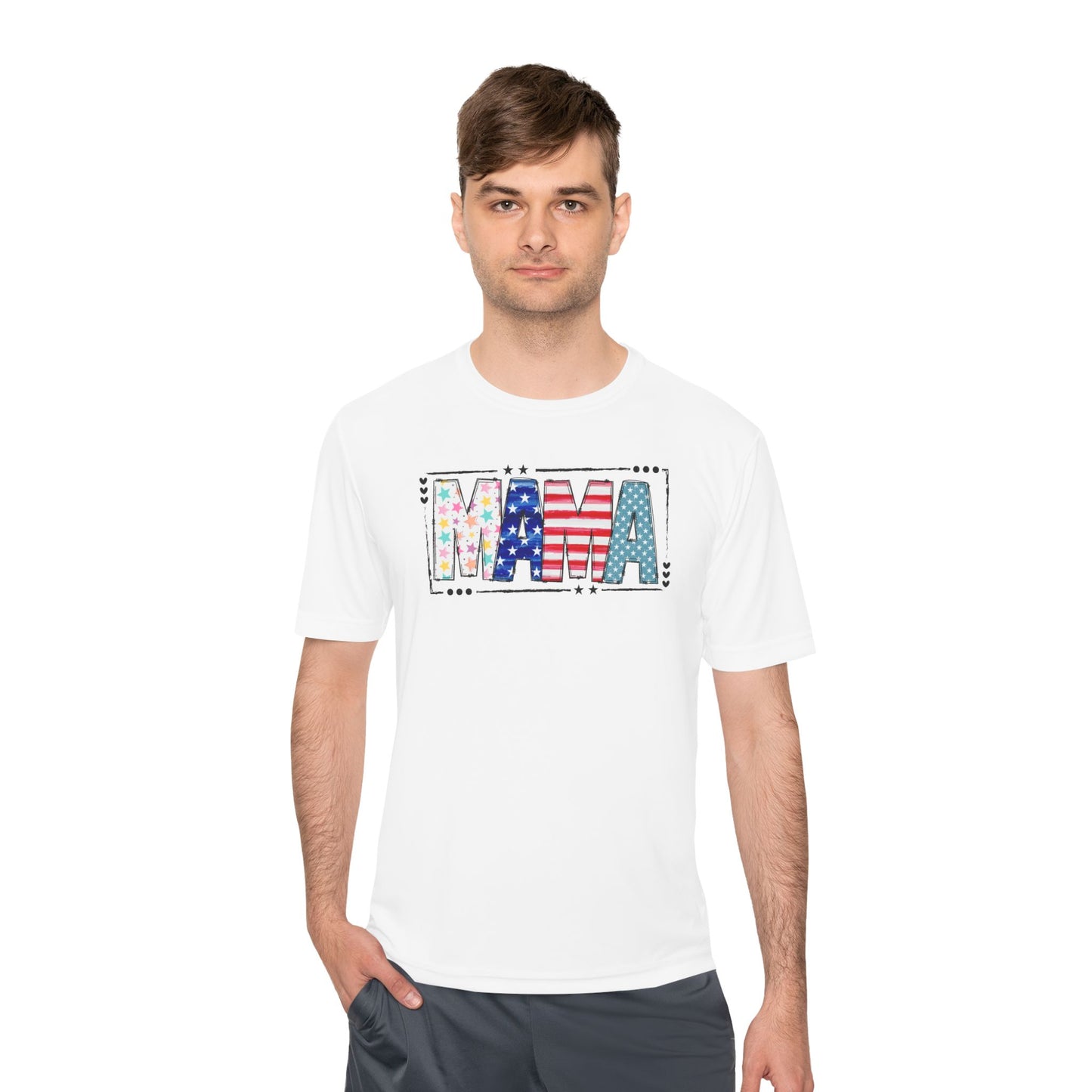 MAMA Patriotic Graphic Tee — USA Flag & Stars Moisture-Wicking Shirt