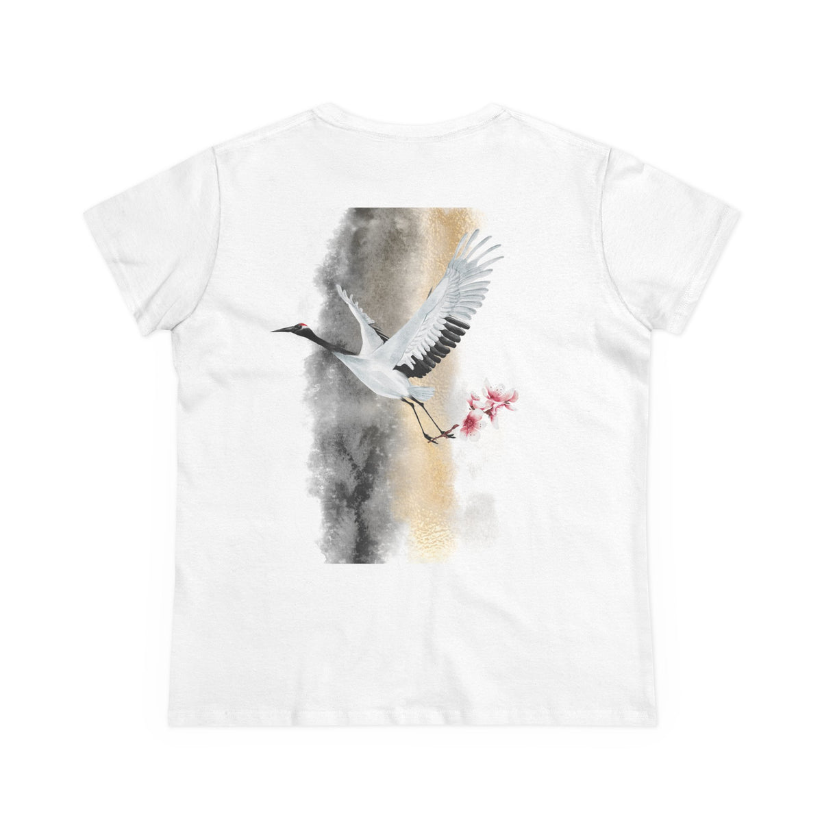 Red-Crowned Crane & Cherry Blossom Ink Wash Back Print Women’s Tee