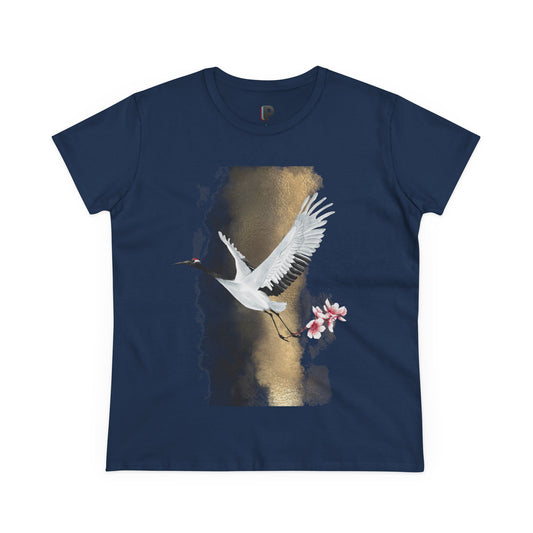 Red-Crowned Crane & Cherry Blossom Ink Wash Front Print Women’s Tee