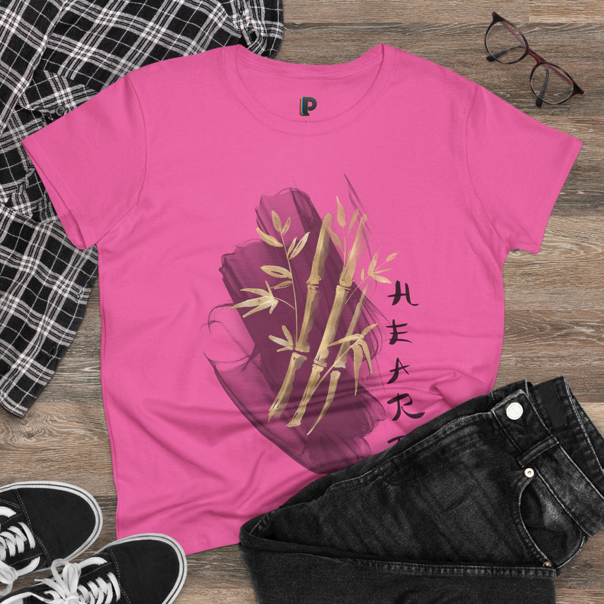 Golden Bamboo Ink Brush Front Print Women’s Tee