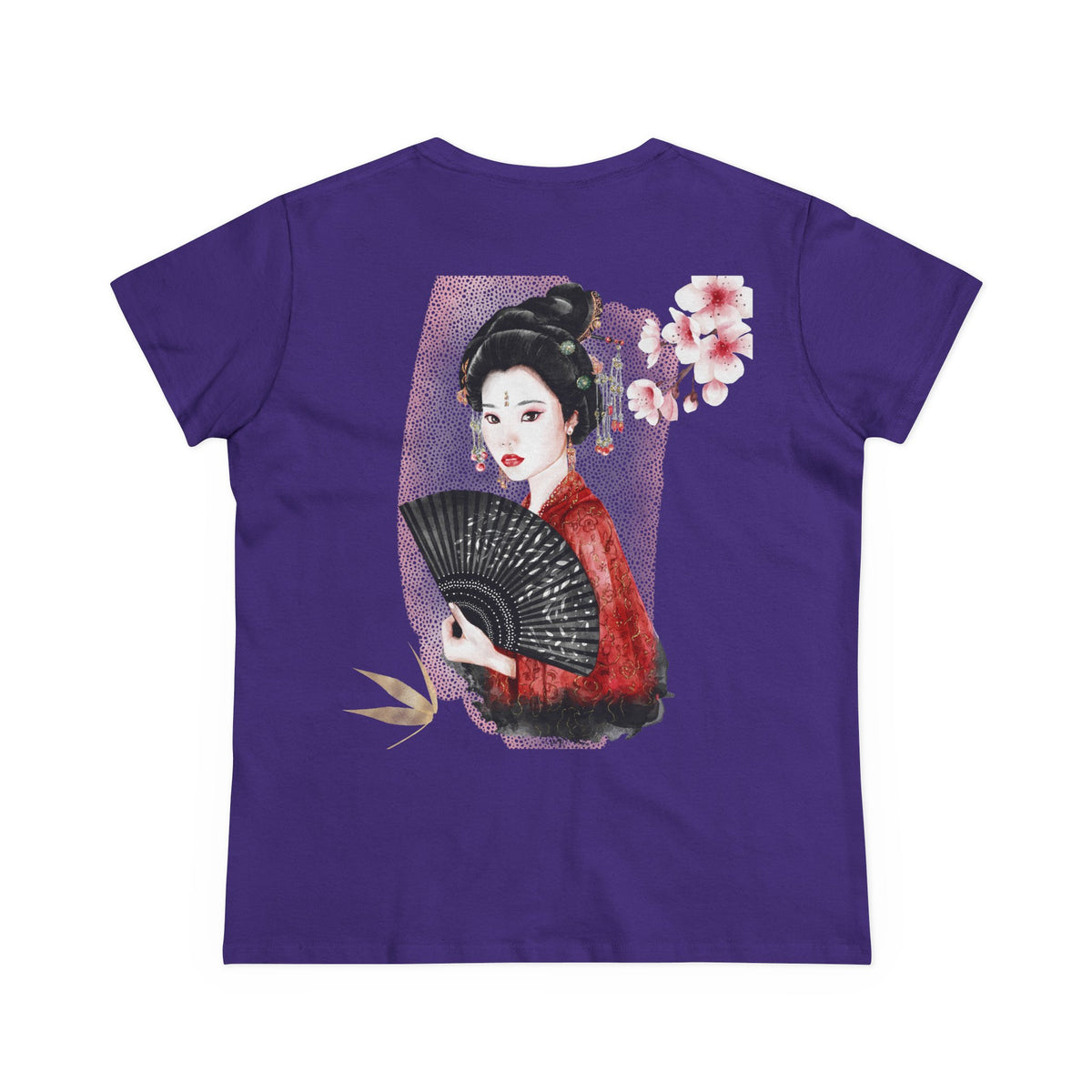 Japanese Woman & Folding Fan Cherry Blossom Back Print Women’s Tee