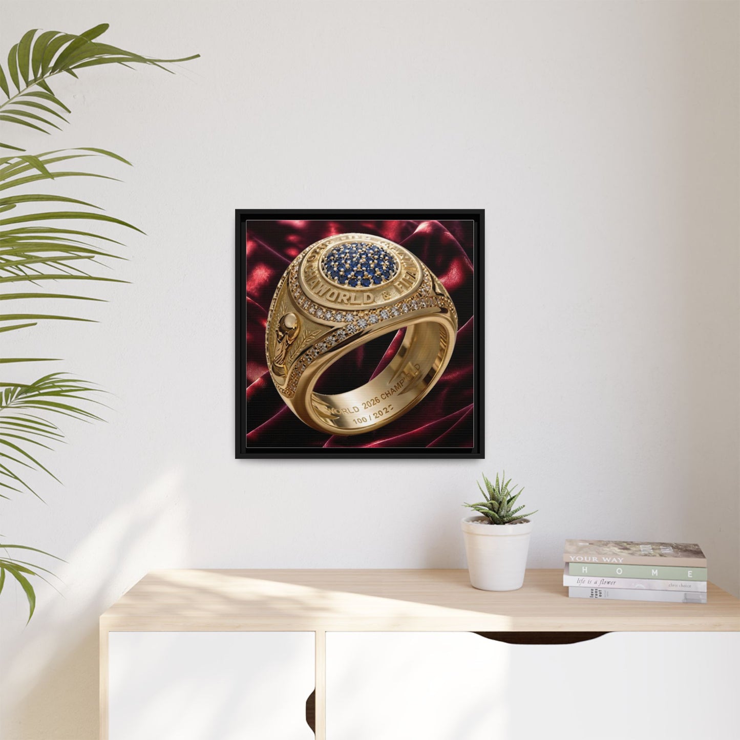 Crimson Velvet 2026 Football Crown Ring Framed Canvas