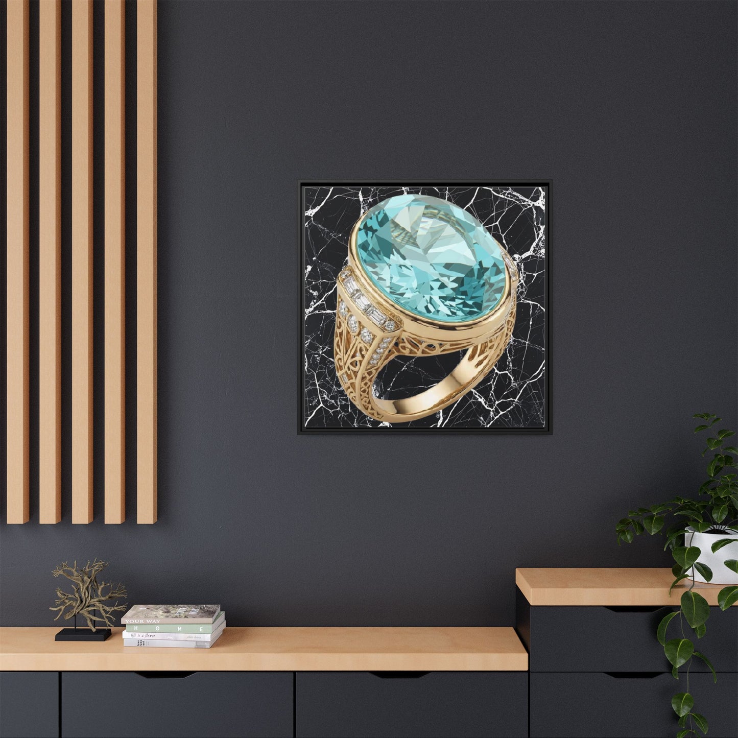 Aquamarine Ring with Marble Veins Framed Canvas