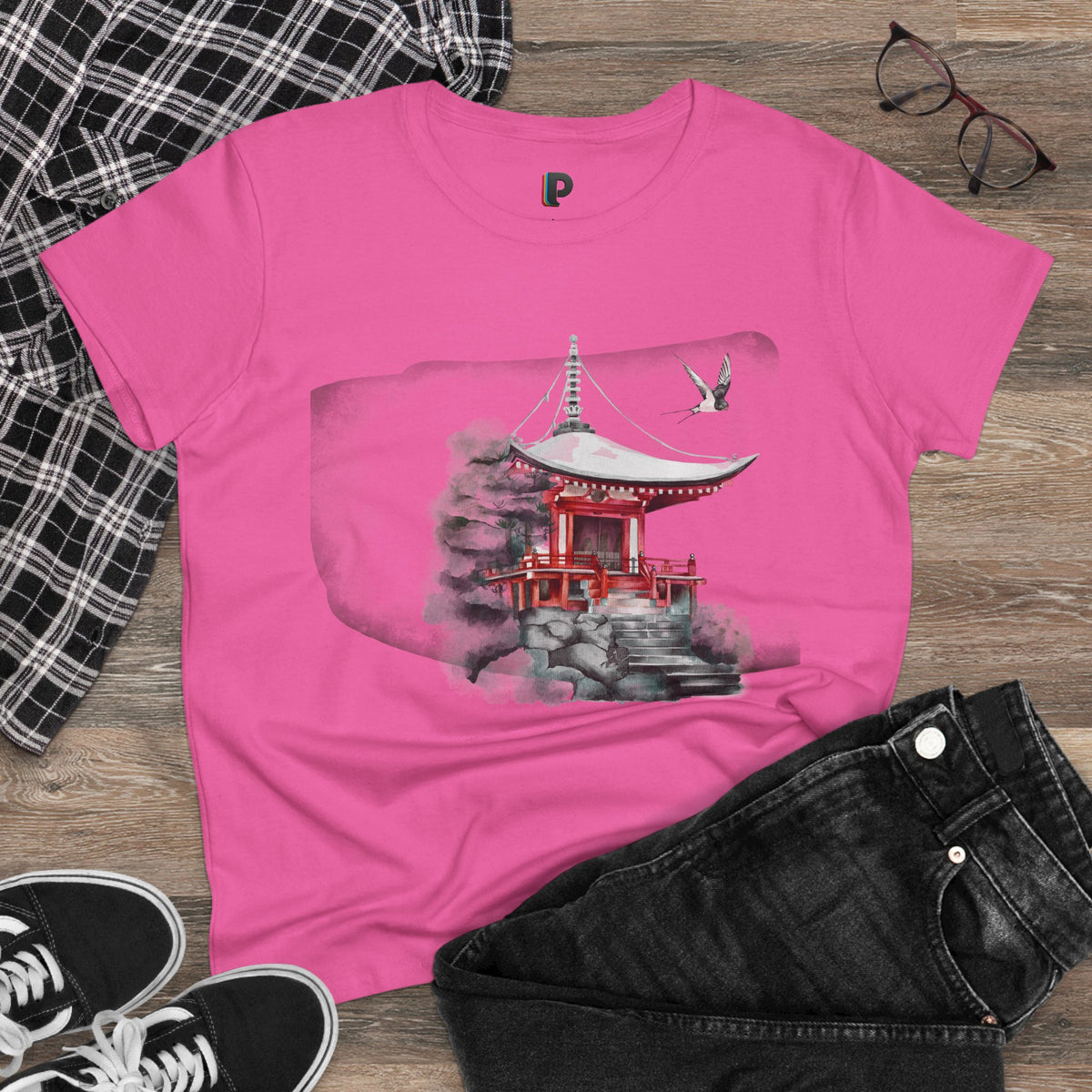 Watercolor Red Pagoda Front Print Women’s Tee