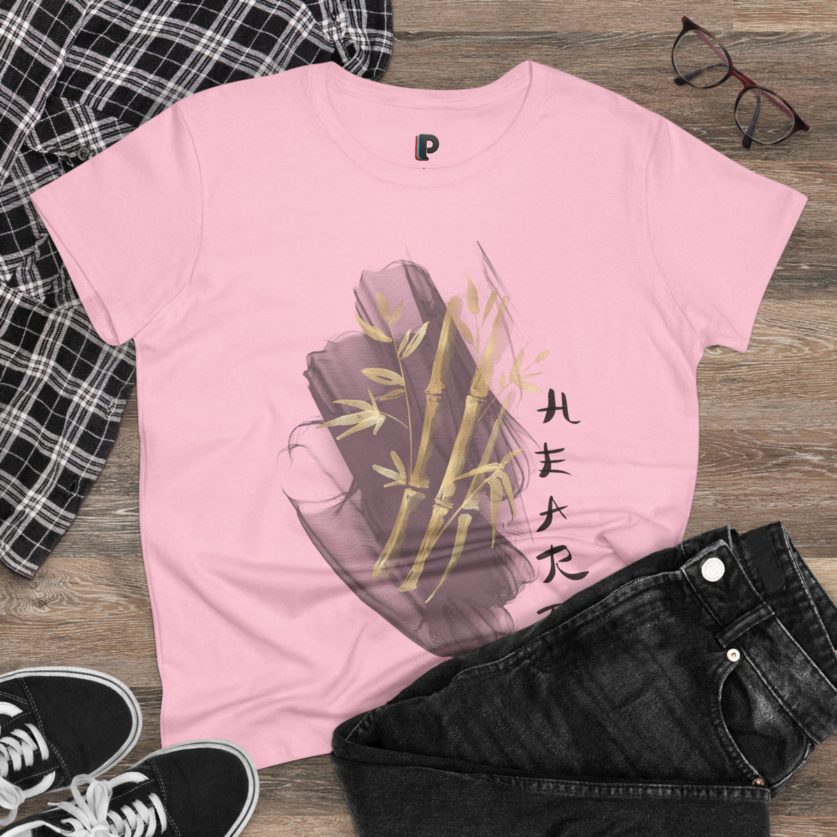 Golden Bamboo Ink Brush Front Print Women’s Tee