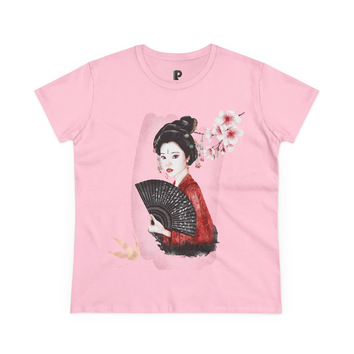 Japanese Woman & Folding Fan Cherry Blossom Front Print Women’s Tee