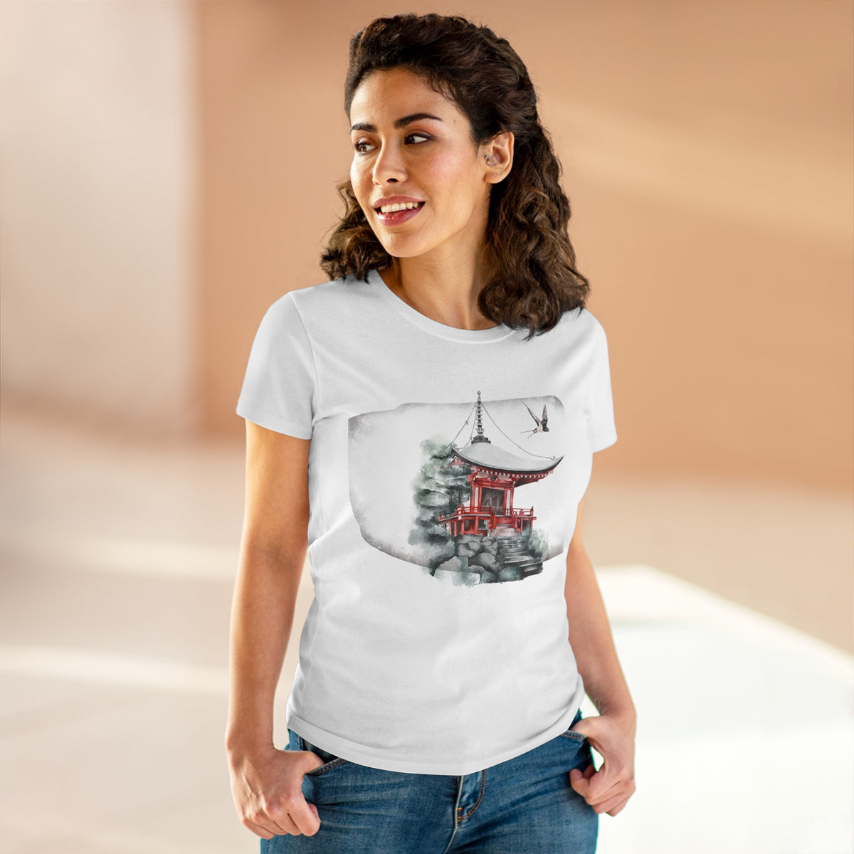Watercolor Red Pagoda Front Print Women’s Tee