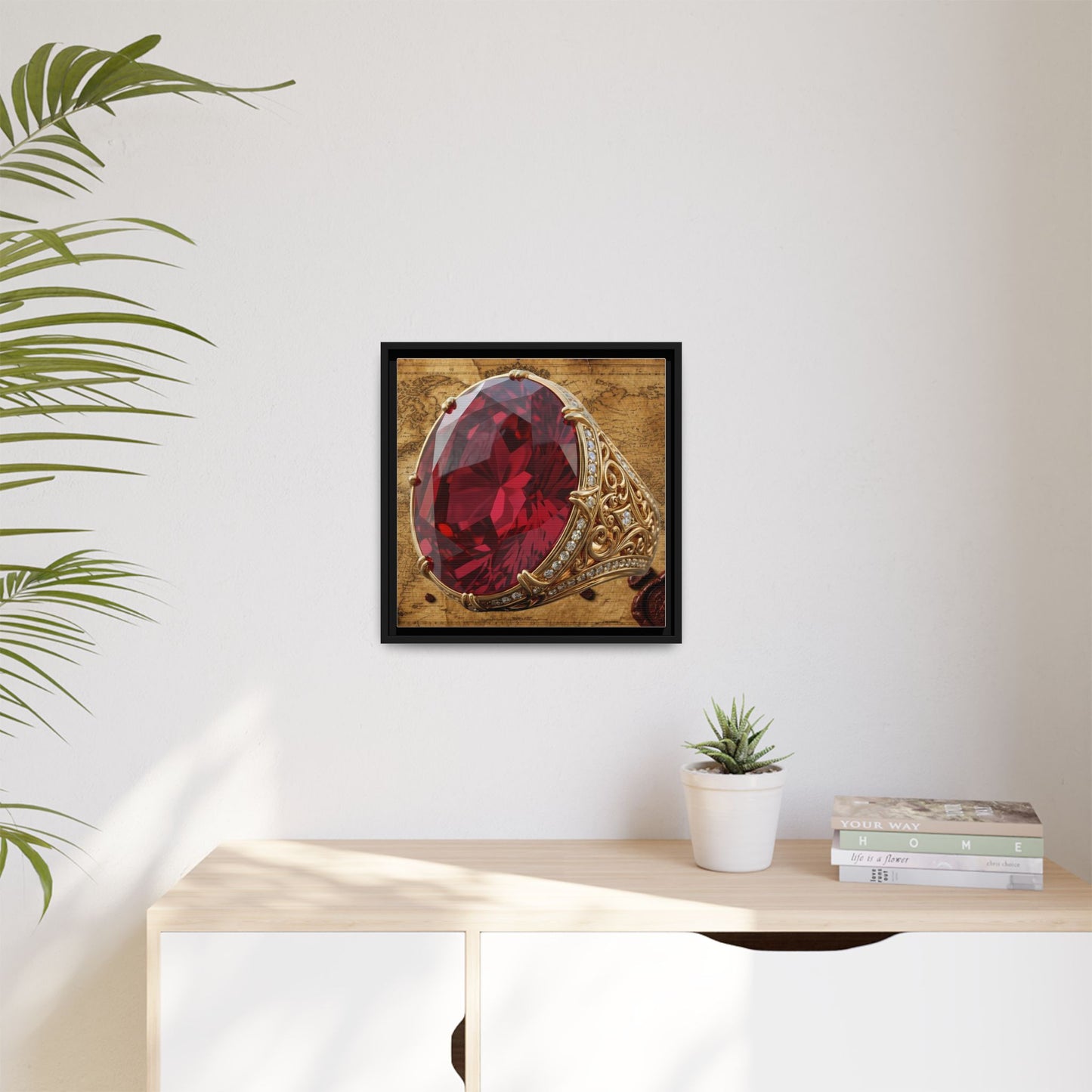 Oval Ruby Filigree on Antique Atlas Framed Canvas