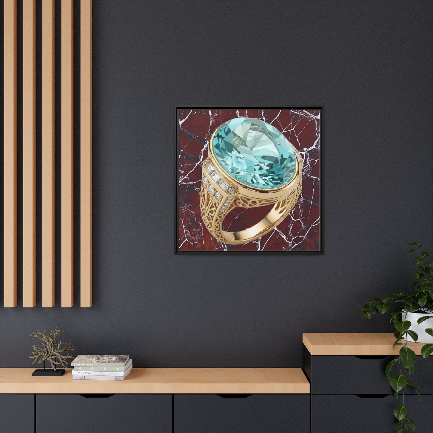 Aquamarine Ring on Fractured Marble Framed Canvas