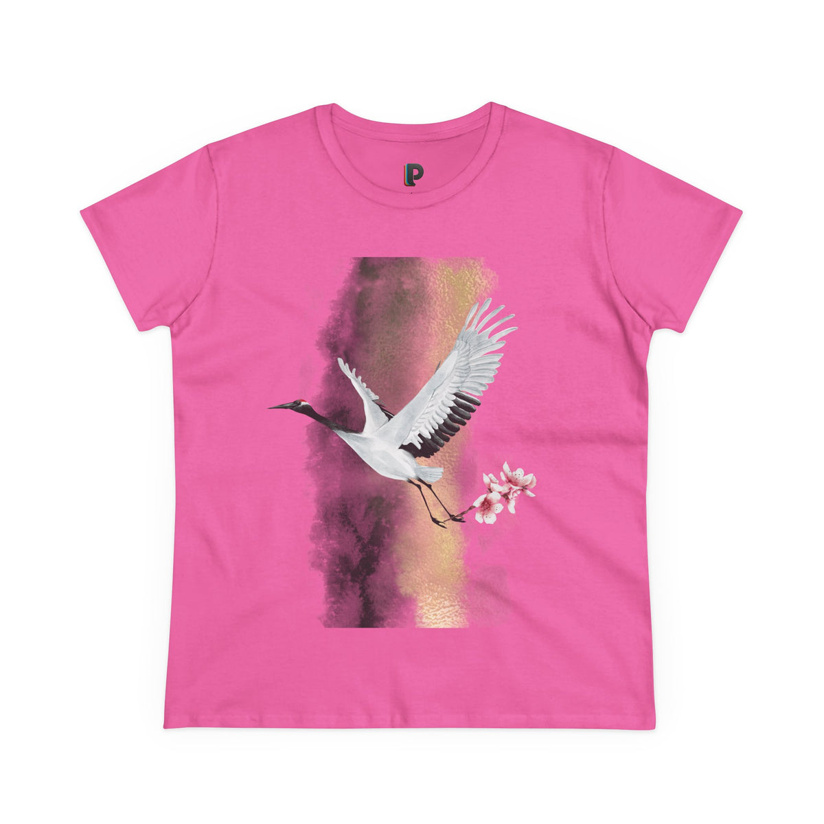 Red-Crowned Crane & Cherry Blossom Ink Wash Front Print Women’s Tee