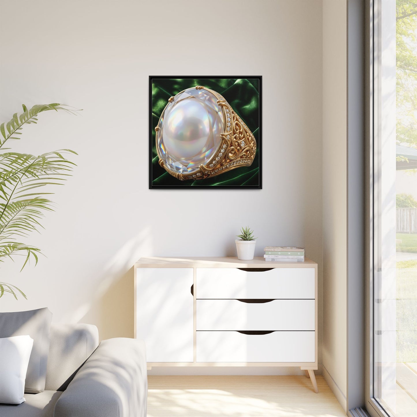 Luminous Pearl Ring with Drapery Framed Canvas