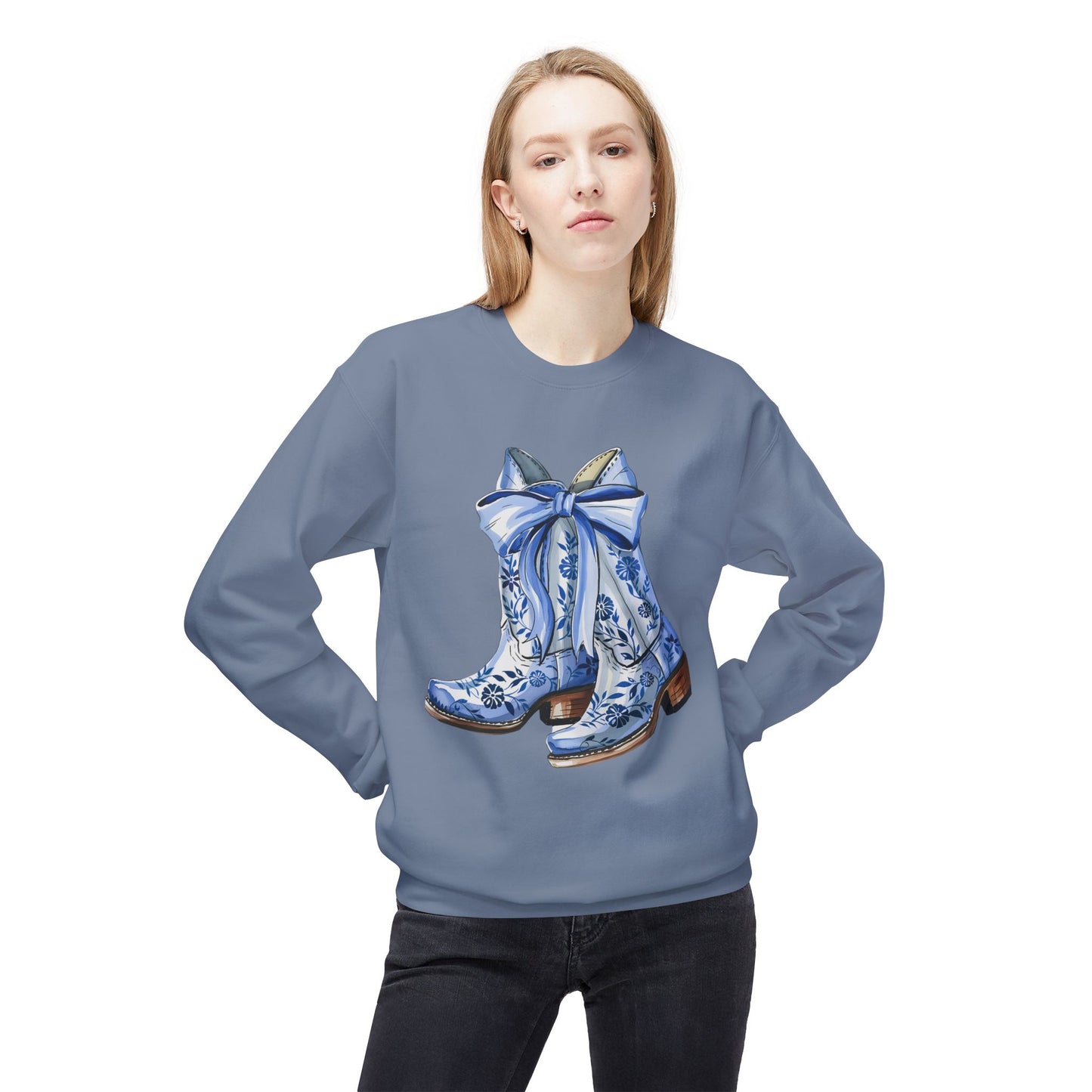 Blue Floral Cowboy Boots Crewneck Sweatshirt