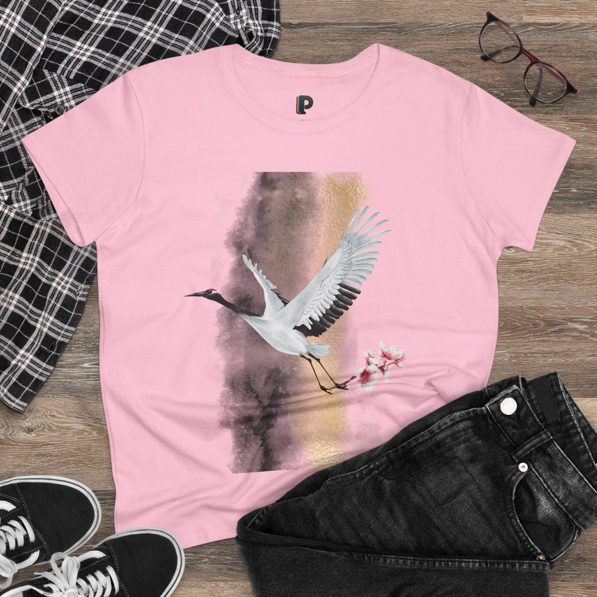 Red-Crowned Crane & Cherry Blossom Ink Wash Front Print Women’s Tee