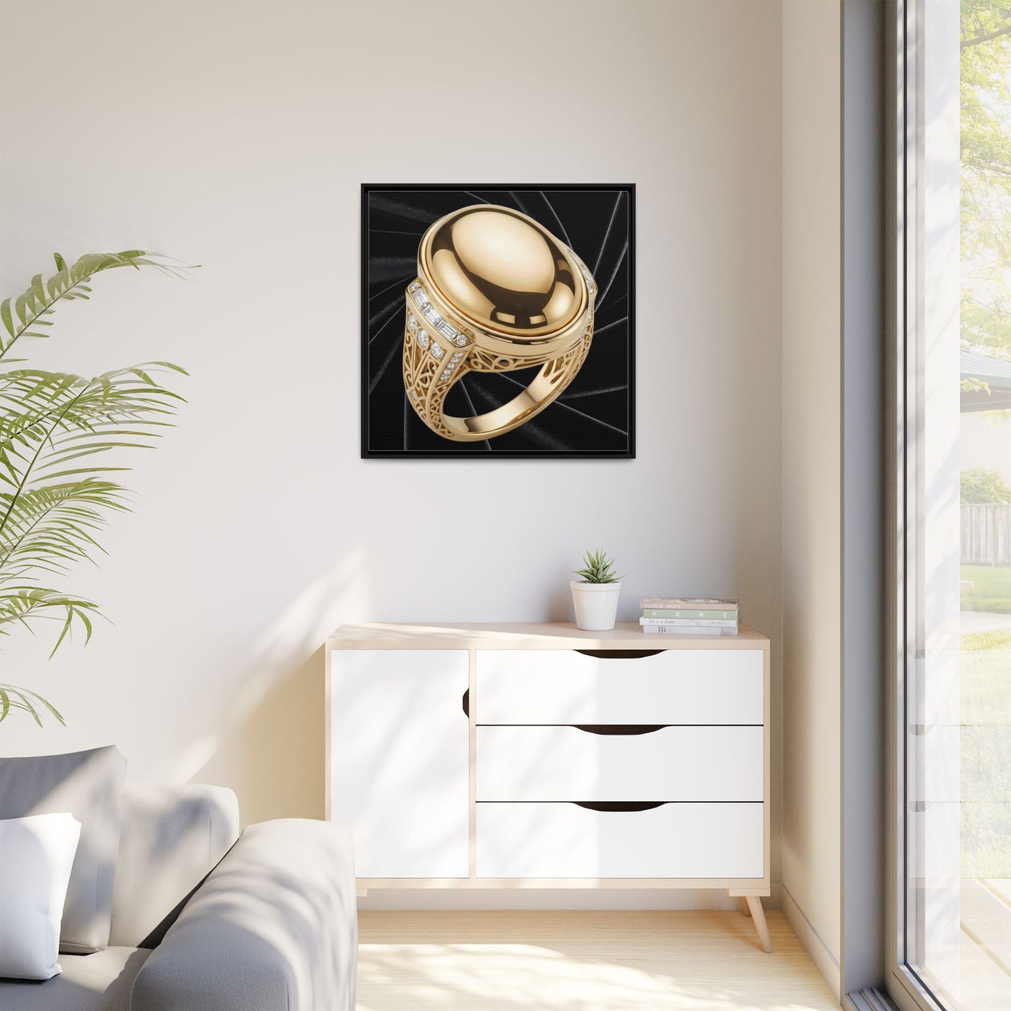 Mirror-Gold Cabochon Ring on Black Velvet Framed Canvas