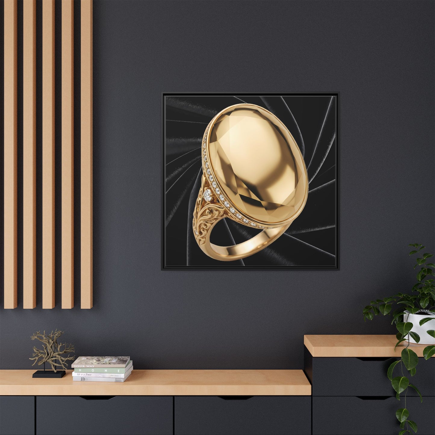 Polished Gold Oval Ring Black Velvet Framed Canvas
