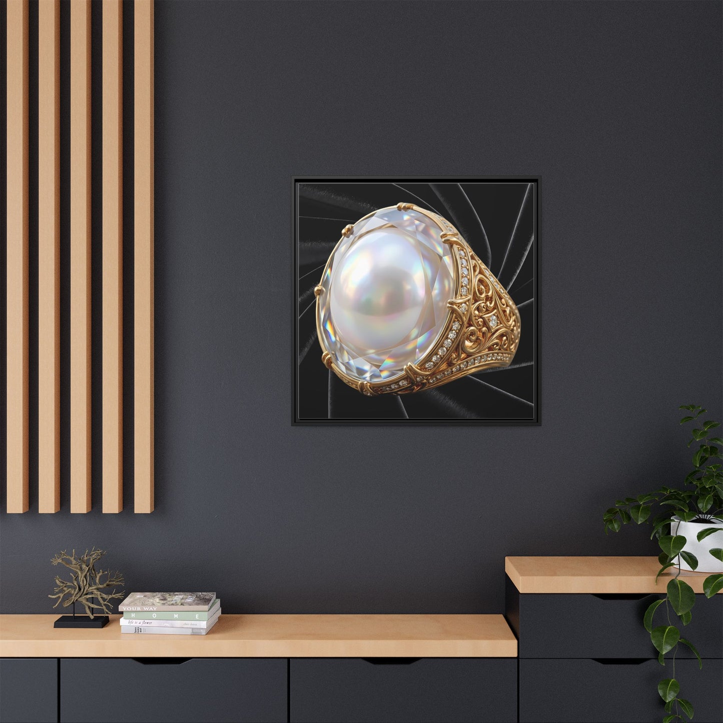 Opalescent Pearl Filigree on Black Velvet Framed Canvas