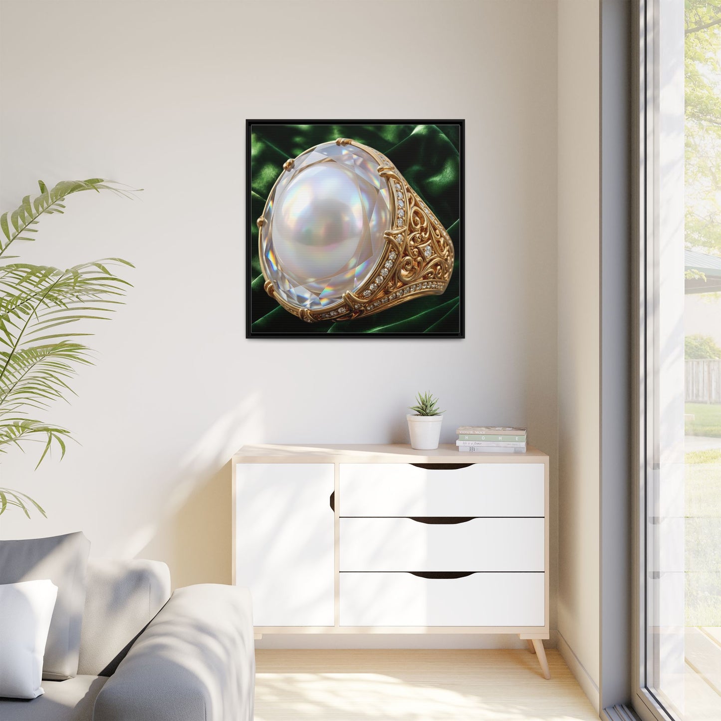 Luminous Pearl Ring with Drapery Framed Canvas