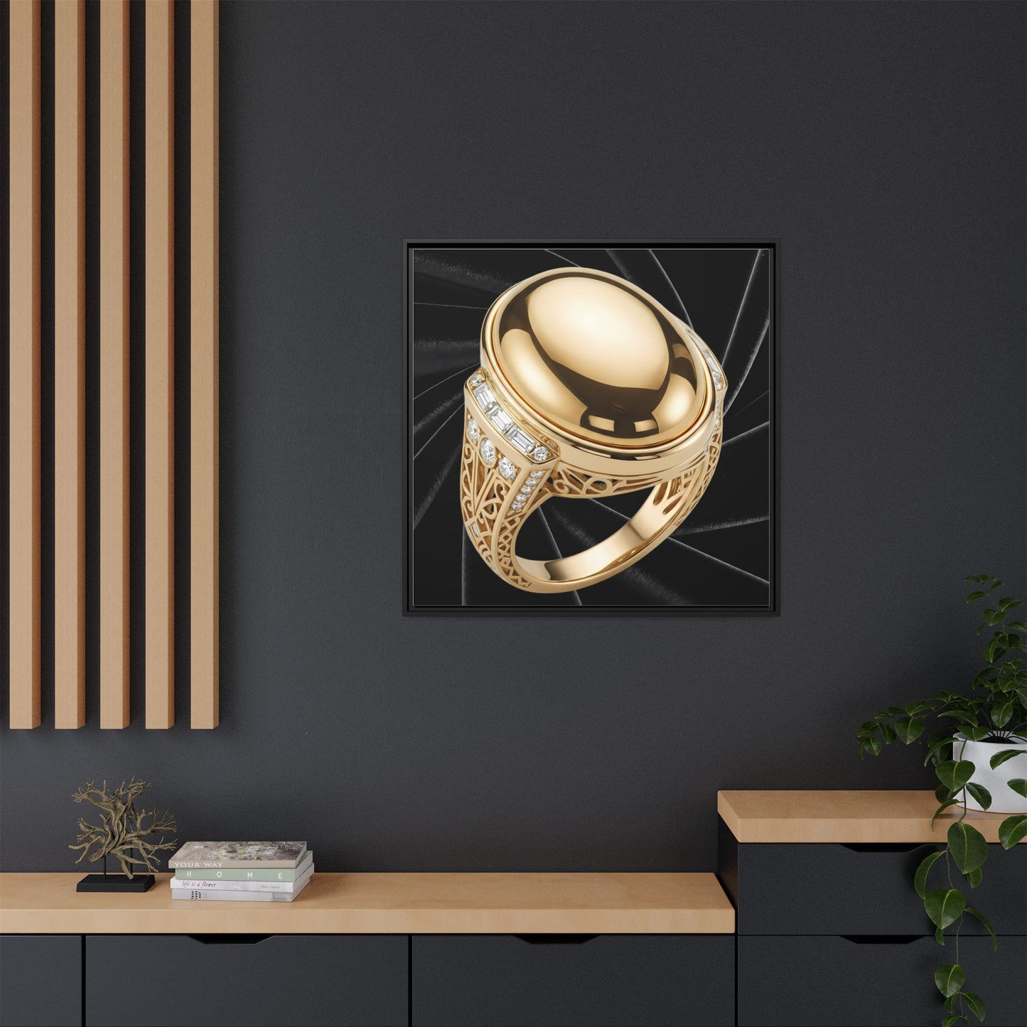 Mirror-Gold Cabochon Ring on Black Velvet Framed Canvas
