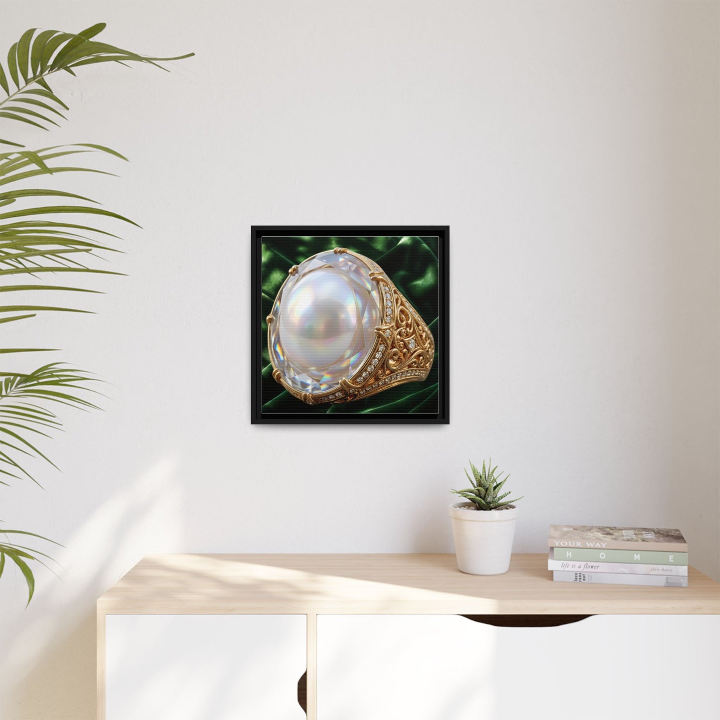 Luminous Pearl Ring with Drapery Framed Canvas