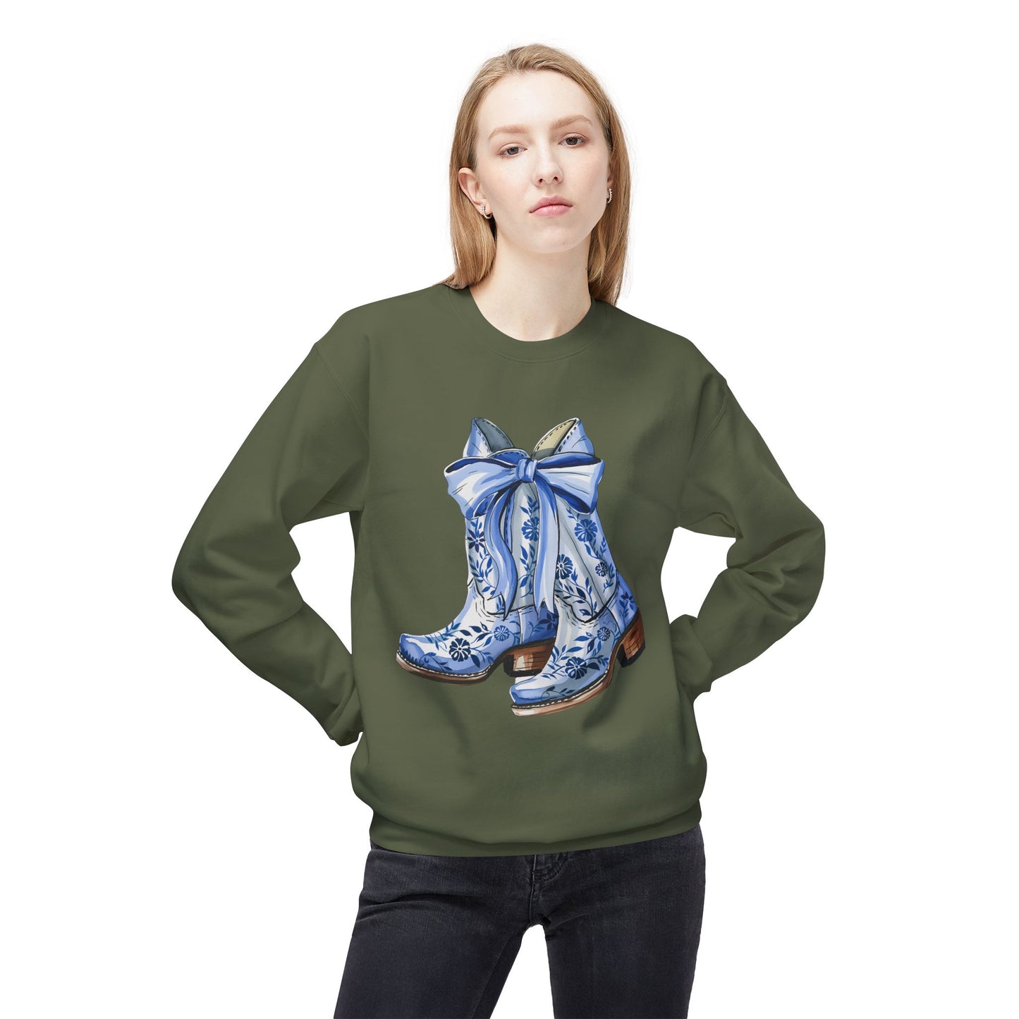 Blue Floral Cowboy Boots Crewneck Sweatshirt