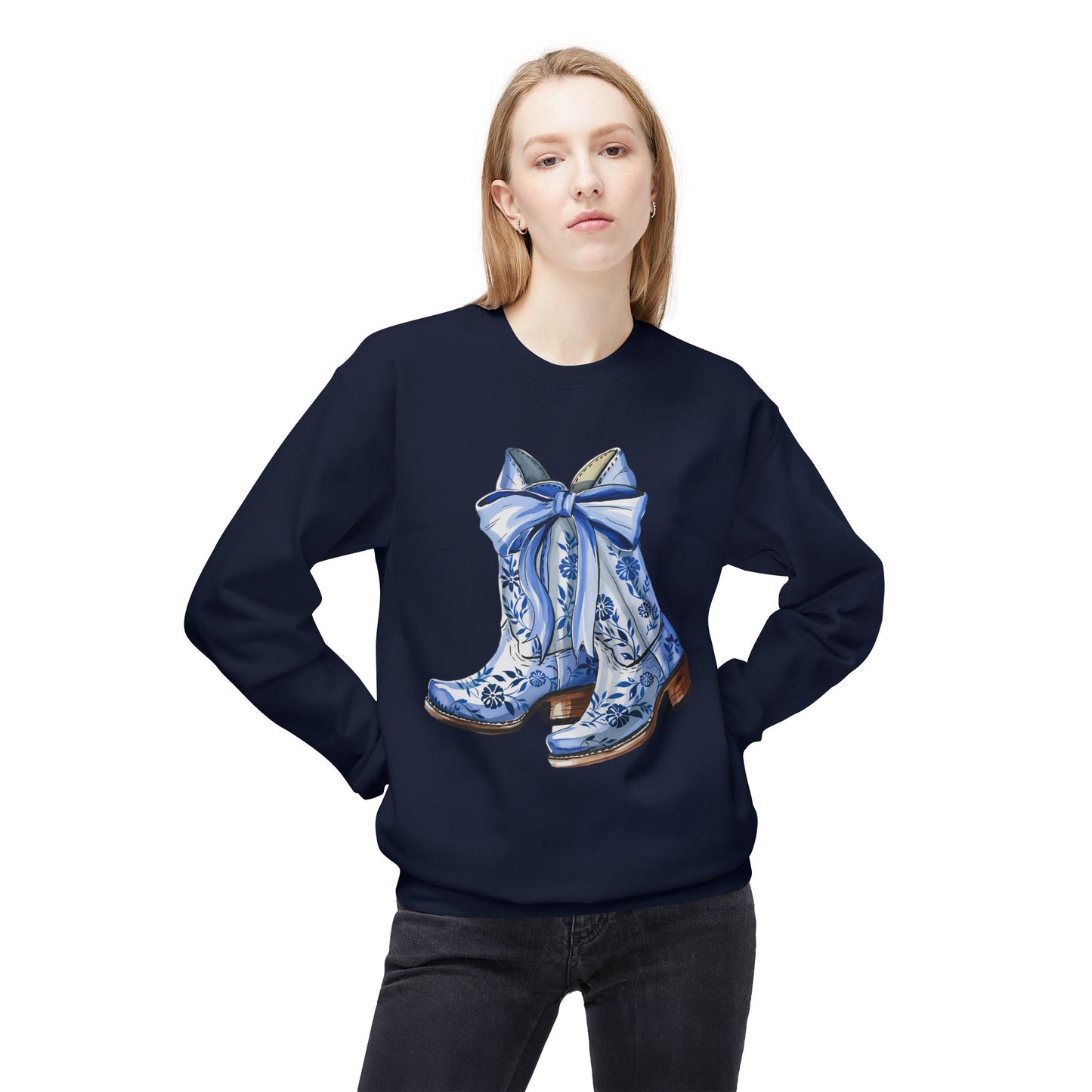 Blue Floral Cowboy Boots Crewneck Sweatshirt