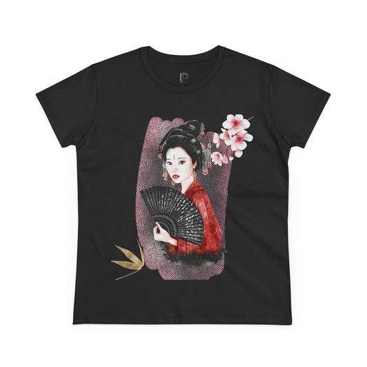 Japanese Woman & Folding Fan Cherry Blossom Front Print Women’s Tee